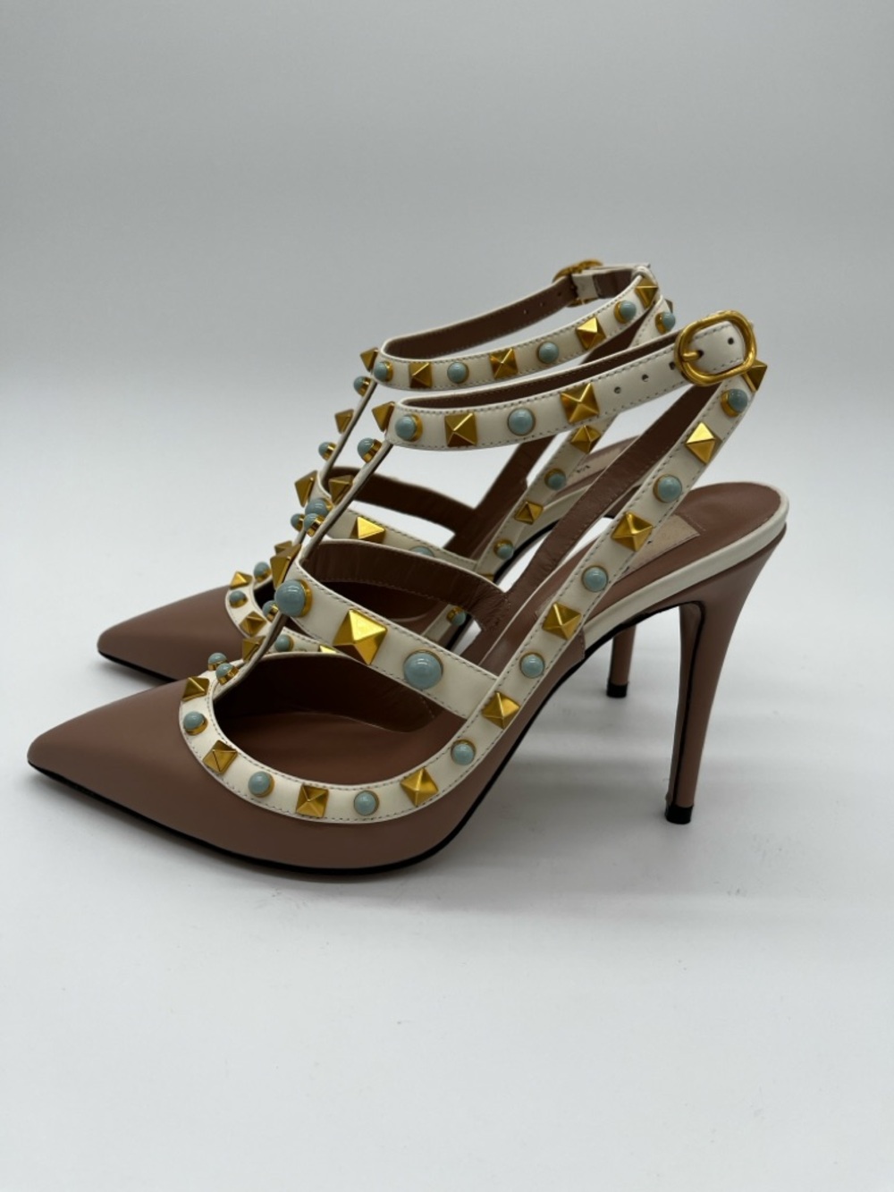 Valentino Garavani Rockstud Embellished Pumps Nude White Turquise - 37.5 US 7.5 - Picture 3 of 14